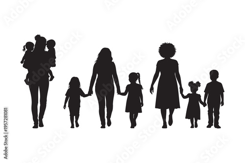 Silhouette of a diverse family with adults and children walking together