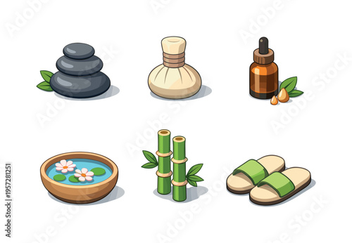 Spa and wellness icons set with massage stones, herbal pouch, essential oil bottle, flower bowl, bamboo stalks, and slippers on white background