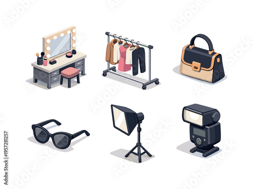 Isometric studio and fashion accessories set featuring makeup vanity, clothing rack, handbag, sunglasses, softbox light, and camera flash equipment