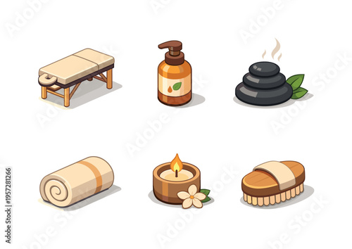 Spa and wellness icons set with massage table, lotion bottle, hot stones, towel roll, aromatic candle, and body brush on white background