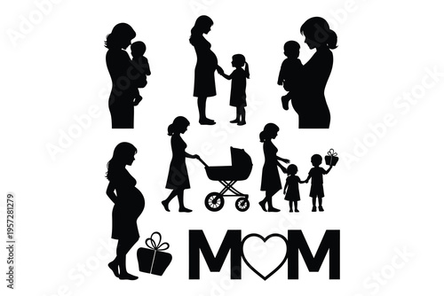 Silhouette of a mother and her children in various scenes