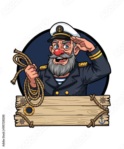 Cheerful cartoon captain, with a grey beard and red nose, salutes while holding a thick nautical rope.