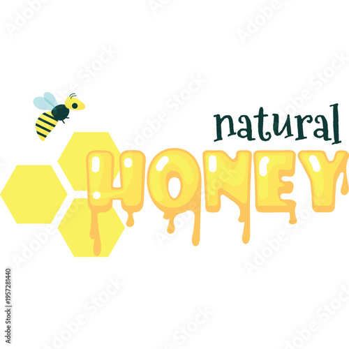 Natural honey icon. Vector sticker, label or logo with headline text, bee and sweet nectar honeycomb in cell design isolated on white background
