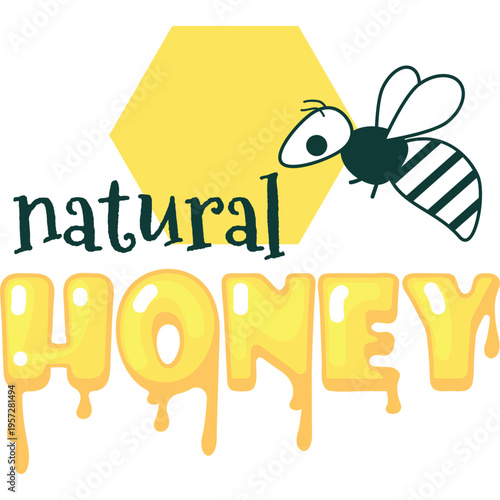 Natural honey icon. Vector sticker, label or logo with dripping headline text, bee and sweet nectar honeycomb cell design isolated on white background