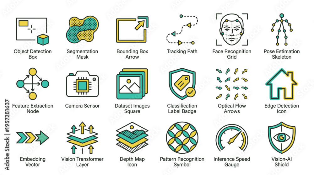 Fototapeta premium Various icons depict business and technology concepts in a graphic design file.