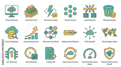 Cloud computing icons illustrate various services and tools for virtual machines and data storage in a digital environment from a technical viewpoint.