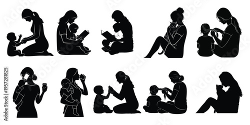 Silhouette of mother and child in various sitting positions and activities