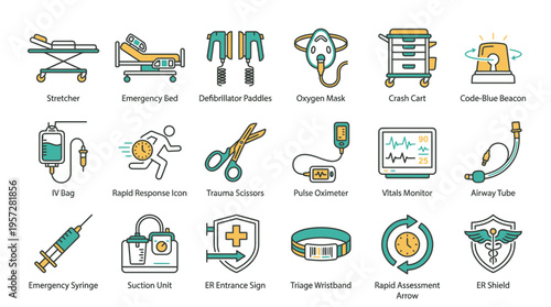 Medical icons depicting various healthcare tools and equipment in a hospital setting with doctors and nurses.