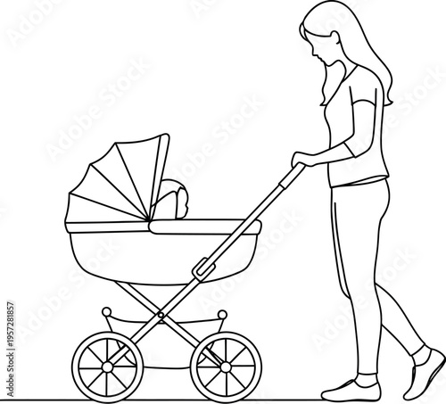 A young mother or nanny gently pushes a baby in a traditional pram, enjoying a peaceful walk as a beautiful everyday scene illustrating parenthood and family life.