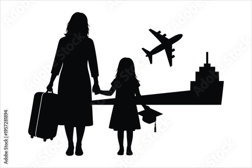 Mother and child traveling to airport with luggage and plane taking off