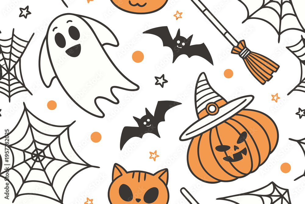 Obraz premium Halloween Seamless Pattern with Pumpkin, Ghost, Bat and Spider Web, Cute Spooky Background Illustration