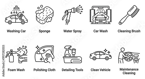This is a set of clean line art icons representing various aspects of car washing and detailing, suitable for automotive services and hygiene concepts.