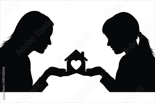 Silhouette of a couple holding a house with a heart shaped cutout