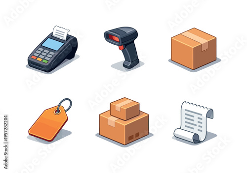 Illustrated retail and shipping icons including payment terminal, barcode scanner, cardboard boxes, price tag, and receipt for commerce logistics