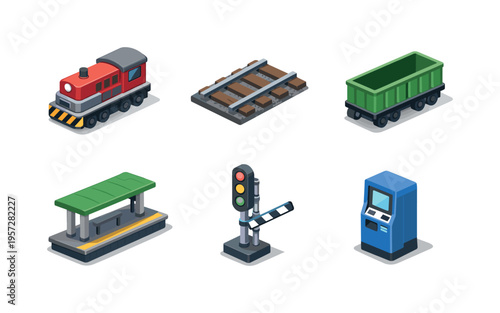 Isometric railway transport icon set featuring locomotive, track segment, freight wagon, station platform canopy, signal light, and ticket machine