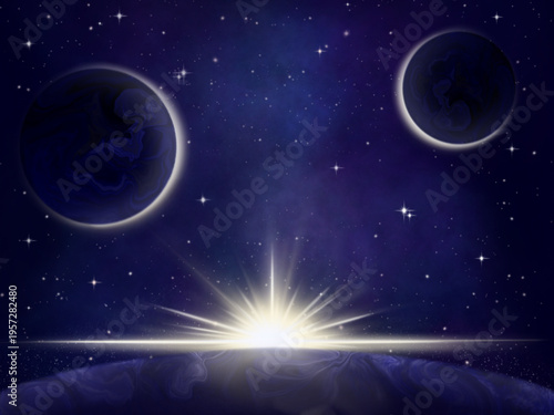 Space background, cosmic galaxy of planets with light sources, stars, gas, and cosmic dust on a dark background. Abstract vector illustration.