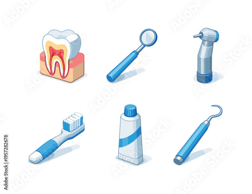 Set of dental care icons including tooth anatomy, inspection mirror, toothbrush, toothpaste tube, dental scaler, and electric handpiece on white