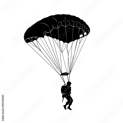 Silhouette of a Parachutist in Freefall with Open Parachute.