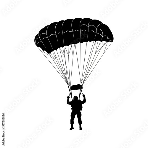 Silhouette of a Parachutist with Parachute in Black and White.