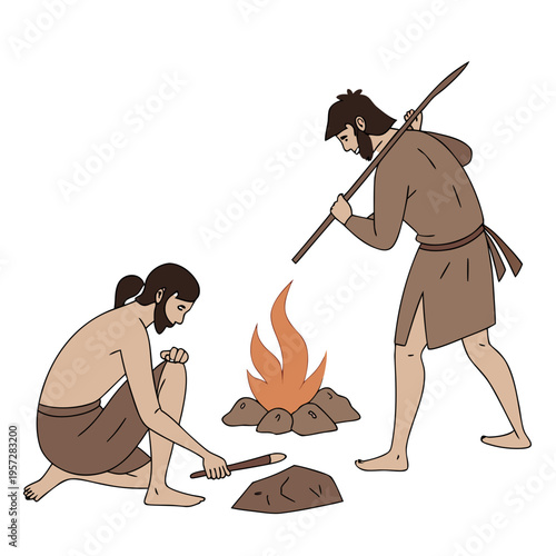 Two cavemen making fire with sticks and rocks in a primitive setting