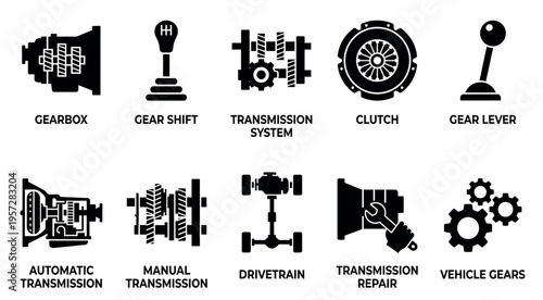A collection of black and white silhouette icons representing various automotive transmission components and systems, perfect for mechanical diagrams and industry-related concepts.