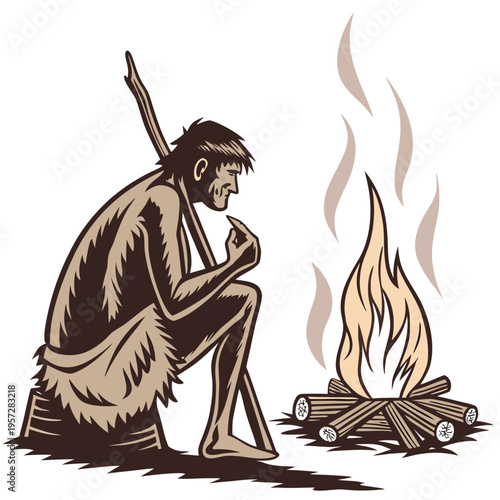 A caveman sitting by a campfire thinking or contemplating