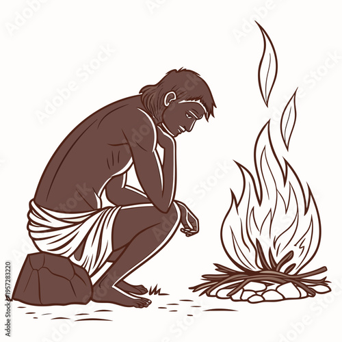 An illustration of a man sitting next to a campfire
