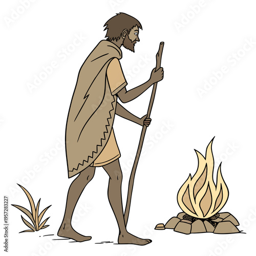 A caveman walking next to a campfire