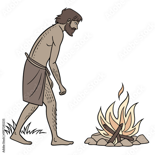 A cartoon caveman walking towards a campfire on a with a fur loincloth