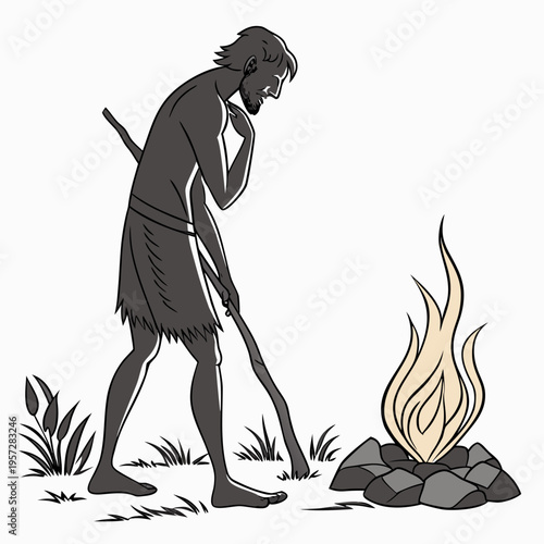 A caveman in a loincloth is stirring a fire with a stick