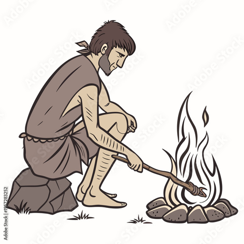 A caveman in a brown tunic crouches down to tend a small campfire made of stones on a plain