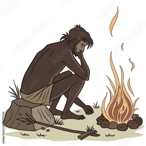 A cartoon caveman sitting by a campfire on a with a stick and rocks nearby