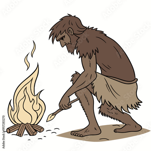 Cartoon caveman making fire with stick