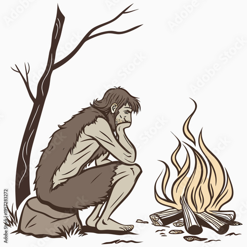 A caveman sitting by a campfire thinking deeply about life
