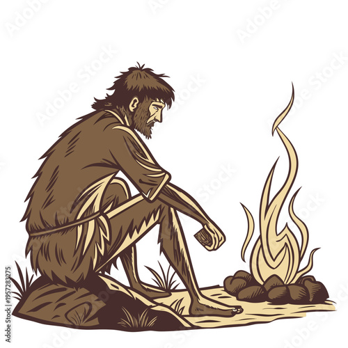 An illustration of a caveman sitting by a campfire