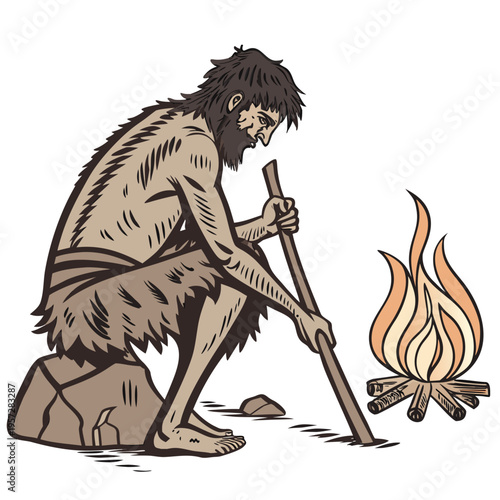 A caveman sitting on a rock and starting a fire with a stick
