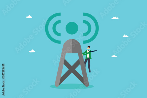 Businessman Climbing Telecommunications Tower for Network Signal