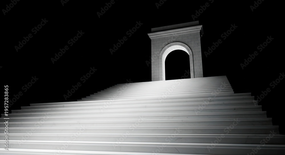 Fototapeta premium A dramatic black and white image of a staircase leading to an archway at night