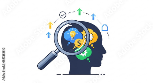 Businessman with magnifying glass analyzing financial ideas and growth strategy in mind