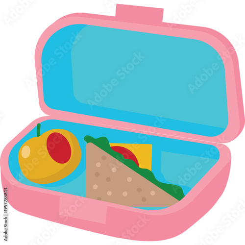 Lunch box with healthy food icon vector. School lunchbox with meal. Plastic bag with sandwich snack and apple fruit design