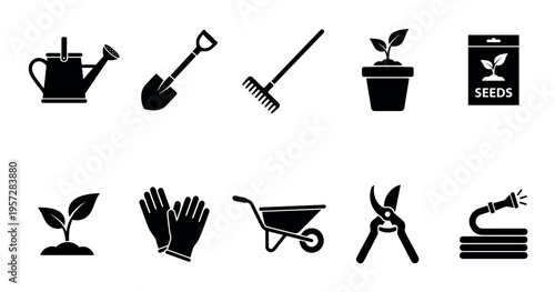 A collection of black icons representing various gardening tools including a watering can, shovel, rake, potted plant, seeds, gloves, wheelbarrow, shears, and hose.
