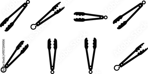 Kitchen tongs silhouettes vector illustration design, cooking utensil culinary branding art concept, black and white minimal creative collection