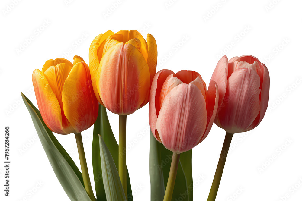 Obraz premium Vibrant spring tulips displaying yellow, orange, and pink petals with green leaves, transparent background
