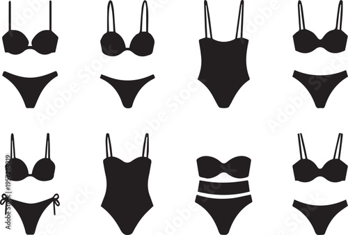 minimalist black bikini and lingerie set flat design vector illustration
