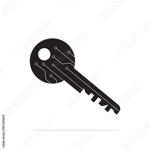Black silhouette of key featuring integrated circuit lines. Digital access, cybersecurity, and blockchain protection in a sleek, modern style. Monochrome icon or symbol.