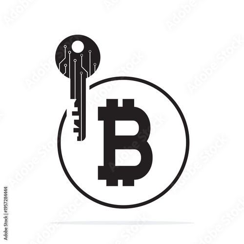Black and white icon. Bitcoin symbol integrated with digital key featuring circuit board patterns. Cryptocurrency security and private access. Crypto asset protection