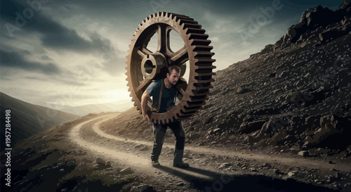 This determined man bravely carries a colossal, heavy, rusty gear on his shoulders, symbolizing the enormous burden and challenging journey of overcoming life's obstacles.
