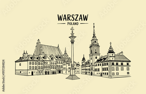 Warsaw Old Town Square and Sigismunds Column Sketch Poland