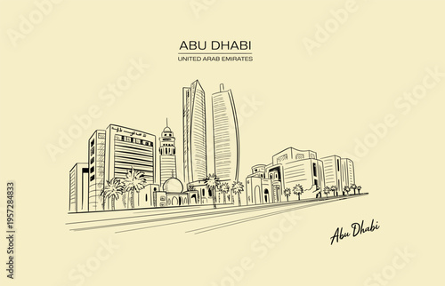Abu Dhabi United Arab Emirates skyline sketch with modern architecture vector illustration