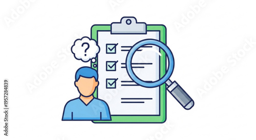 Man examines checklist on clipboard with magnifying glass thinking